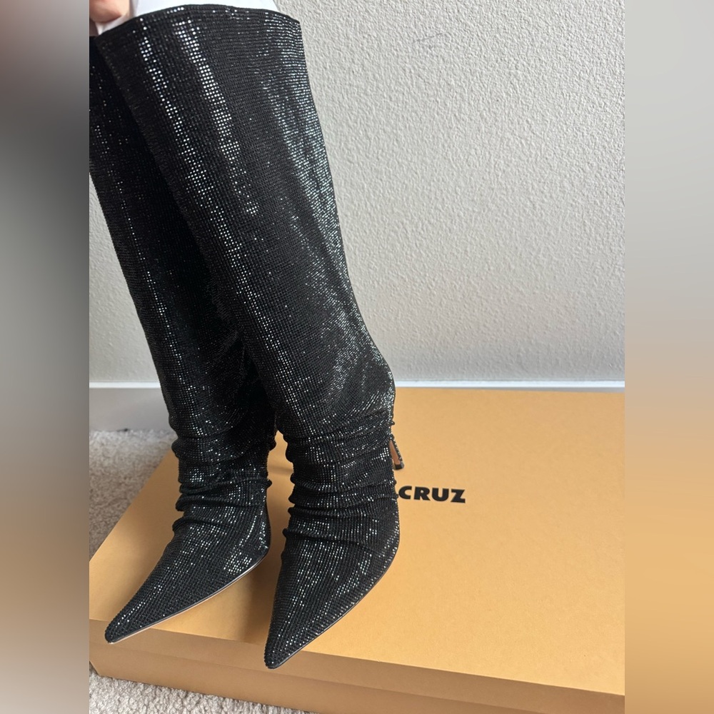 Rare Lola Cruz Fayet Rhinestone Bling Black Stiletto Point Toe Boots size 41 - Picture 8 of 12